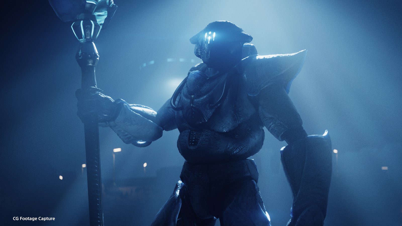 An armored Illuminate warrior with glowing eyes holds a tall staff in blue fog