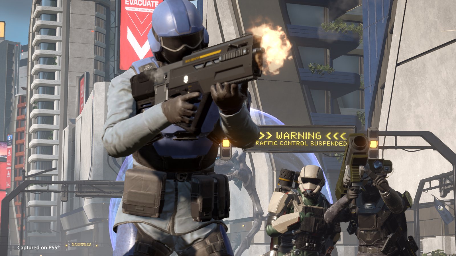 SEAF soldiers fighting beside a Helldiver in a Super Earth mega-city