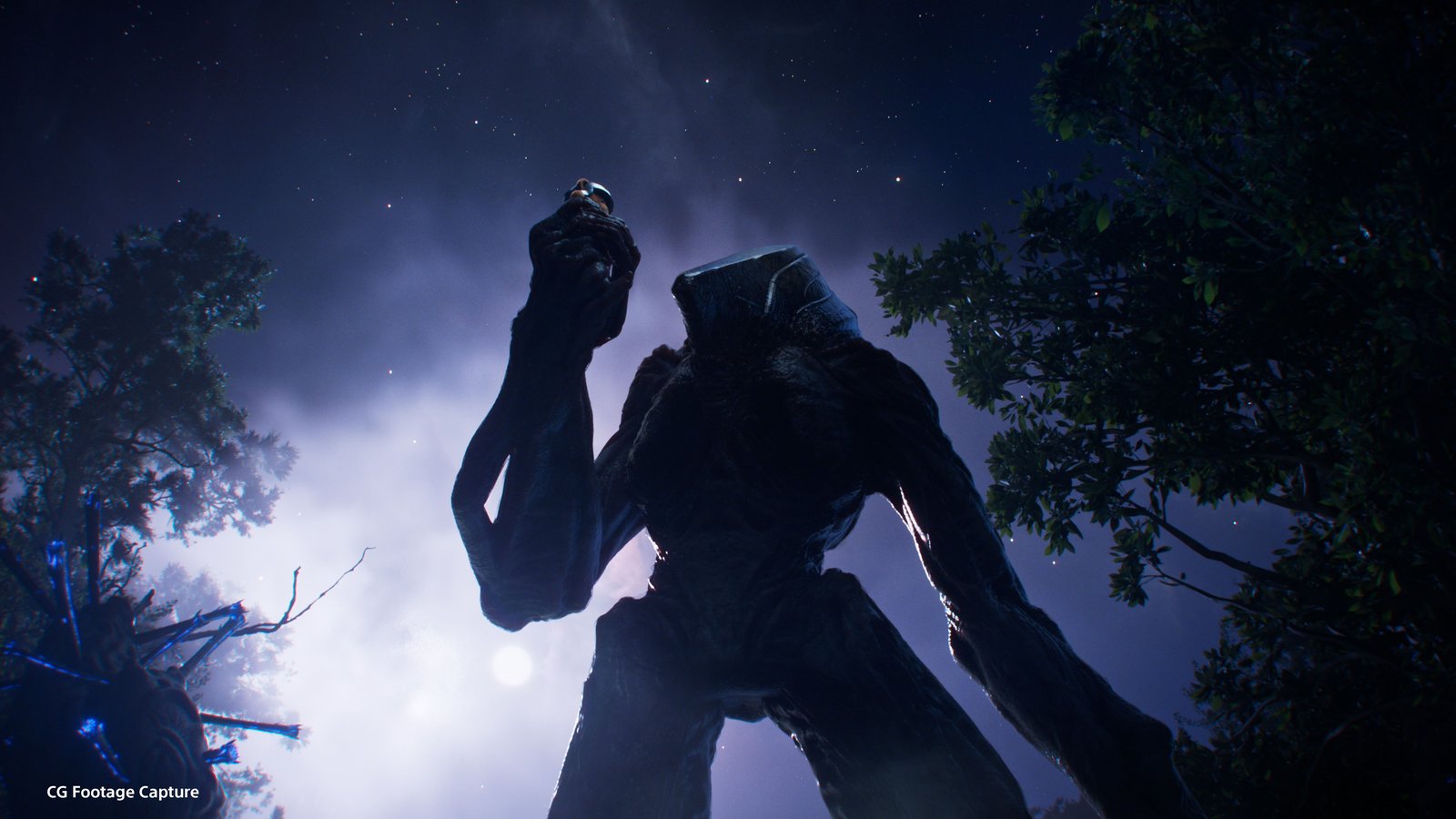 A towering Crusher seen from below at night, its angular helmet and long arms in silhouette against the sky