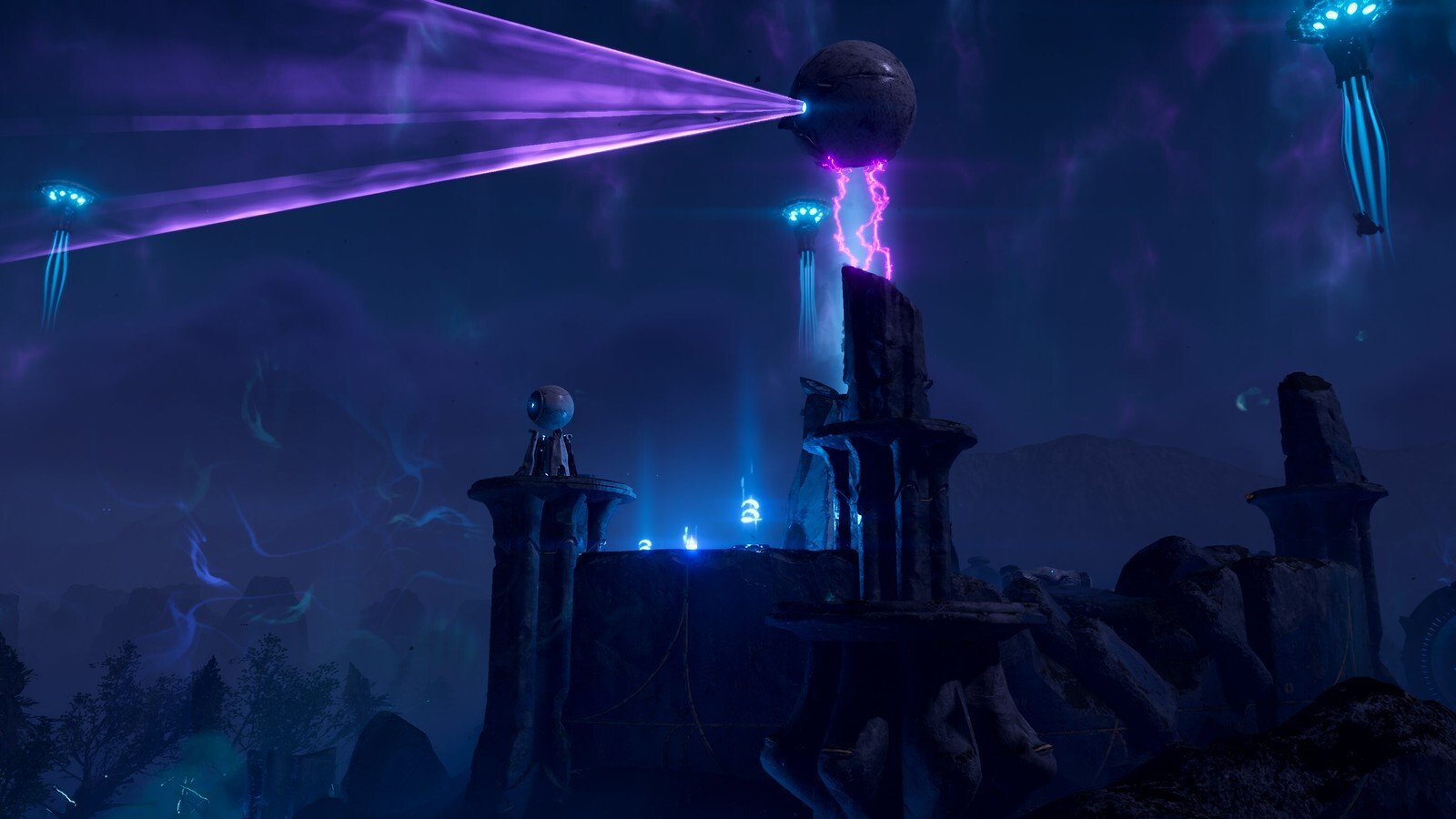 A sphere atop a stone spire fires a wide violet beam across a dark violet sky, with lightning below it and glowing ships hovering behind