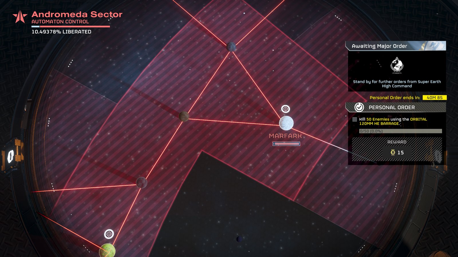 The Galactic War map zoomed on an Automaton-held sector: planets joined by red supply lines, the sector's liberation percentage, and panels for the Major Order and a Personal Order