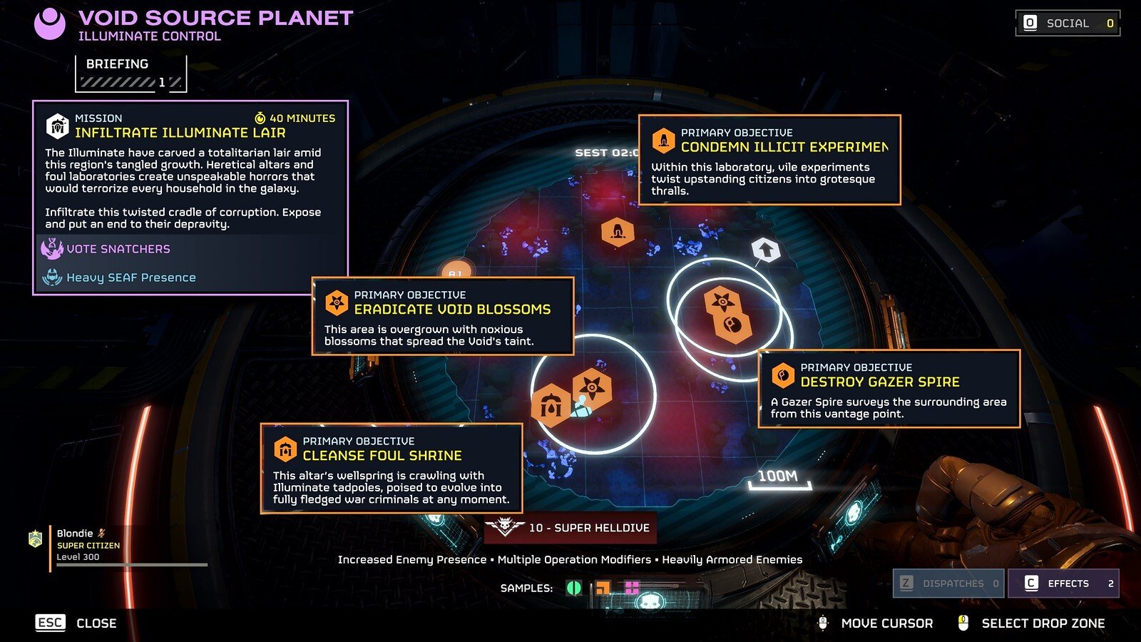 A mission briefing on the war table: the Infiltrate Illuminate Lair mission with its timer, the Vote Snatchers and Heavy SEAF Presence labels, four primary objectives marked on the map, the difficulty and the sample types