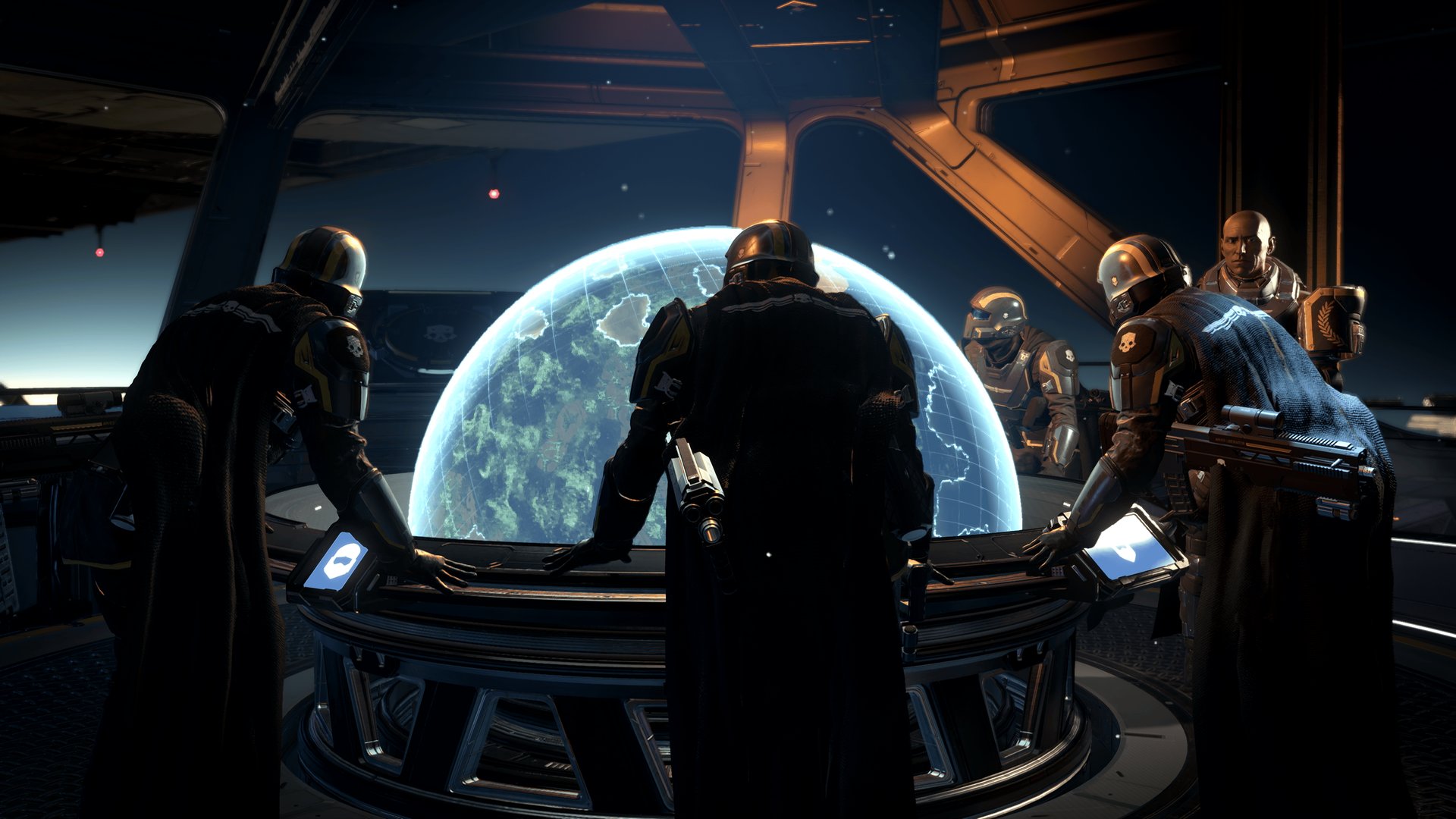 Helldivers gathered at the war table on the bridge of a Super Destroyer