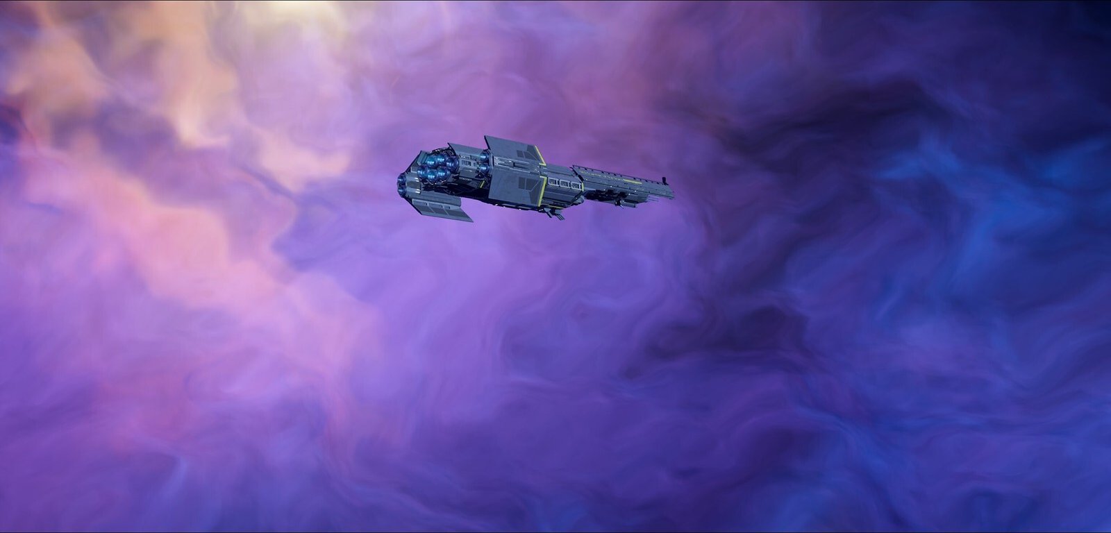 A Super Destroyer flies through swirling violet and pink haze