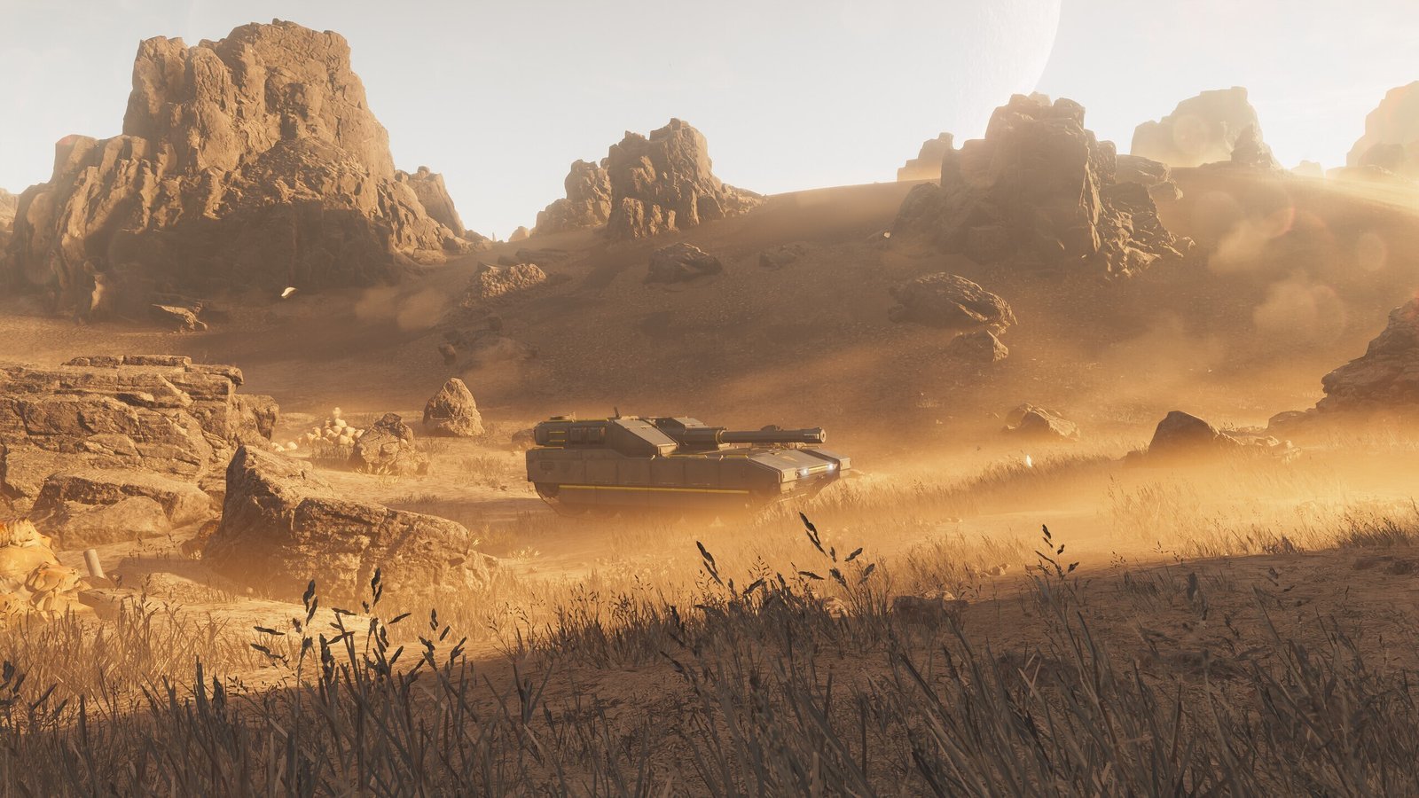 The TD-220 Bastion tank crosses a dusty desert plain between rock formations
