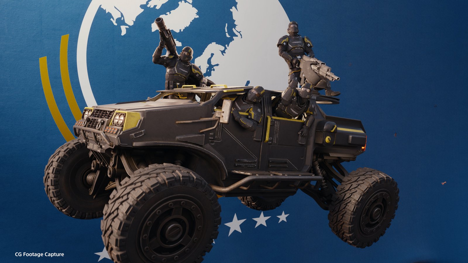 Four Helldivers ride a dark armored buggy, one holding up a launcher and one at a rear-mounted gun, in front of a Super Earth emblem