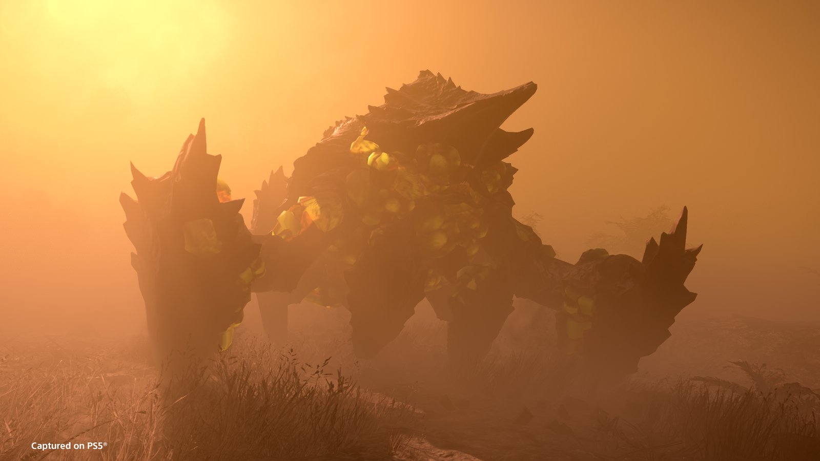 A Spore Charger, a spiked heavy Terminid studded with glowing yellow spore pods, looms in an orange fog