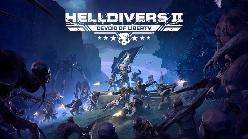 The Devoid of Liberty logo above Helldivers and troops holding a barricade under a flag at night as Voteless and Illuminate walkers close in