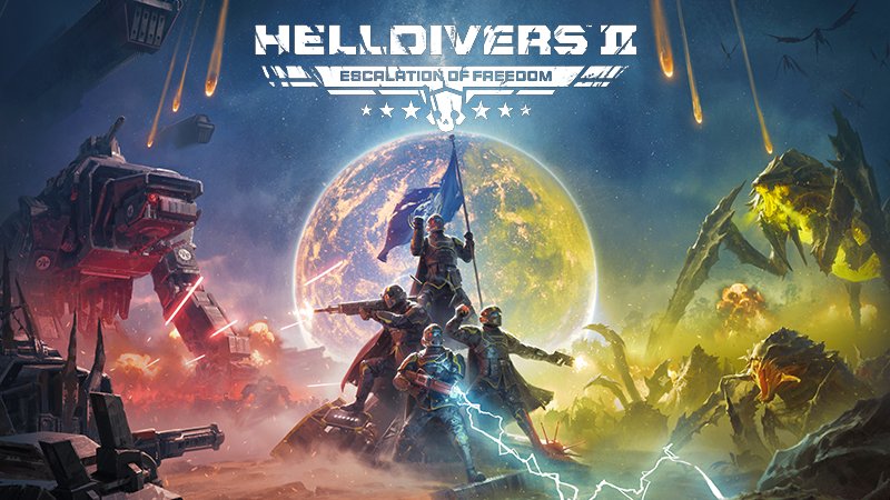 The Escalation of Freedom logo above four Helldivers on a rock between an Automaton walker and giant Terminids, a planet behind them