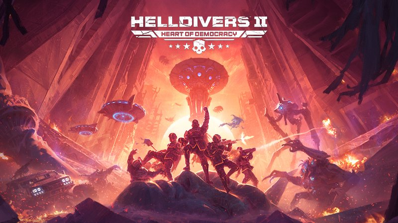 The Heart of Democracy logo above a Helldiver squad in a red-lit city, Illuminate saucers and walkers around them