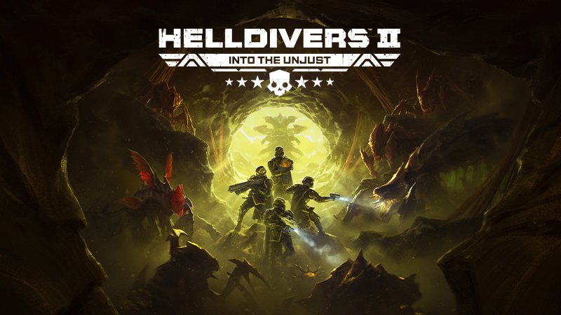 Into the Unjust key art: four Helldivers fight Terminids in a glowing cave under the Helldivers 2 logo