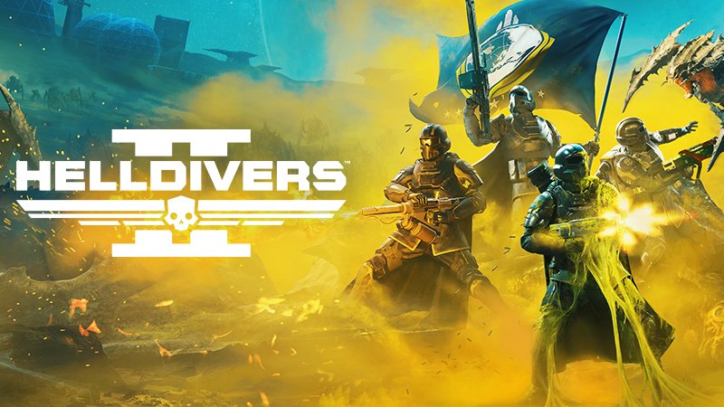The Helldivers 2 logo beside four Helldivers under a Super Earth flag, firing through yellow smoke at Terminids