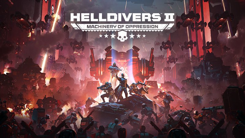 The Machinery of Oppression logo above a Helldiver squad on a vehicle, surrounded by an army of Automatons in a red-lit factory