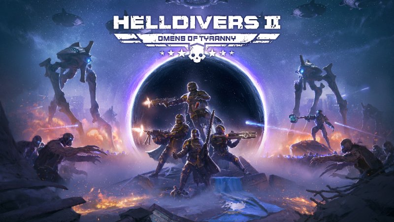 The Omens of Tyranny logo above four Helldivers in front of a glowing portal, with Illuminate tripod walkers and shambling Voteless around them