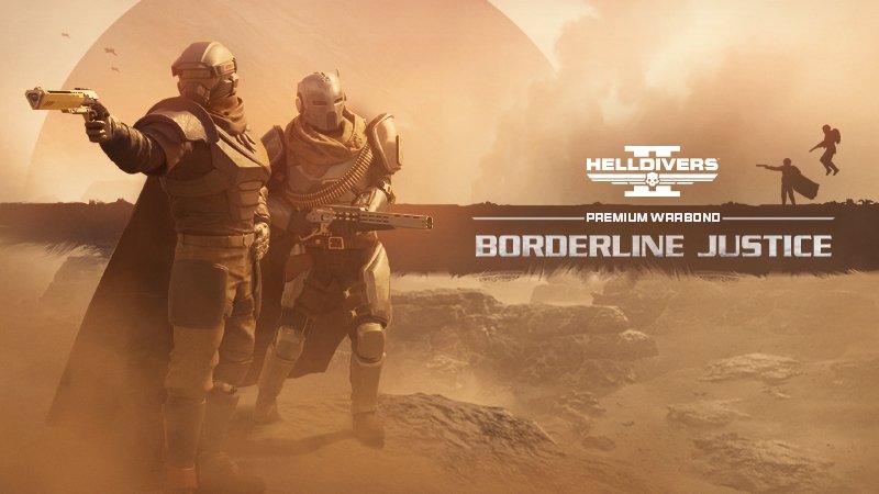 Two Helldivers in dusters on a dusty plain, one aiming a gold revolver, under the Borderline Justice logo
