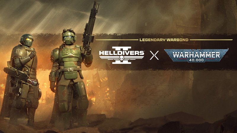 Two Helldivers in green armor, one holding up a rifle, beside the Helldivers 2 x Warhammer 40,000 legendary warbond logo