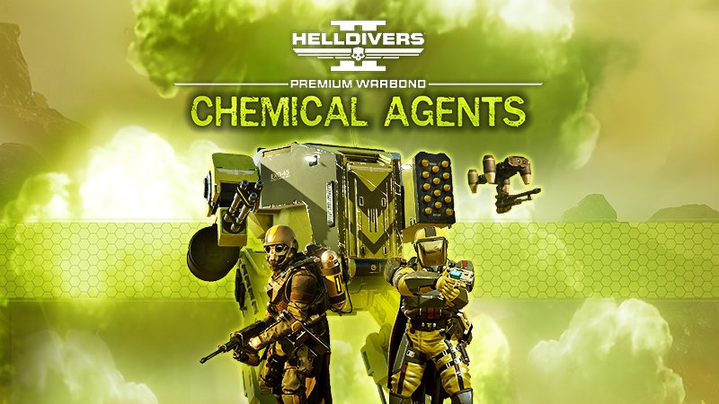 Two Helldivers in hazmat armor stand before an exosuit and a drone in green gas clouds under the Chemical Agents logo