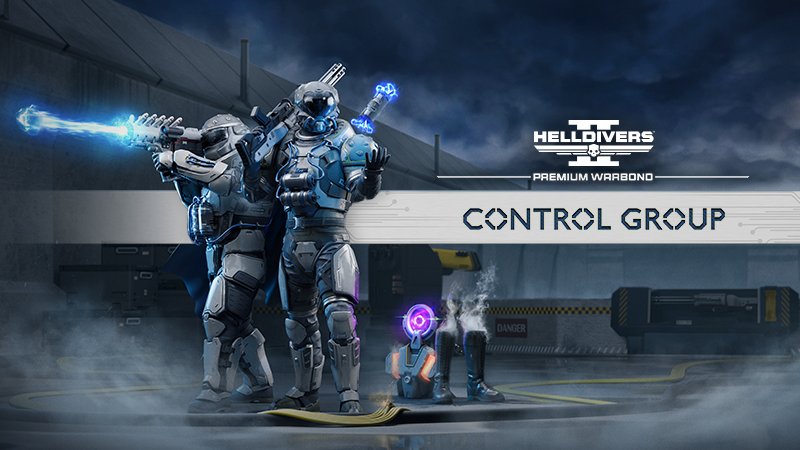 Two Helldivers in gray-and-blue armor, one firing a glowing plasma weapon, beside a small turret under the Control Group logo
