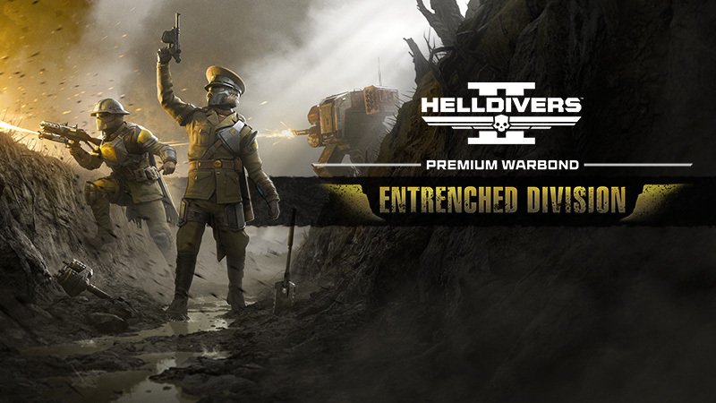 Two Helldivers in trench uniforms, one raising a pistol, in a muddy trench with a sentry behind them under the Entrenched Division logo