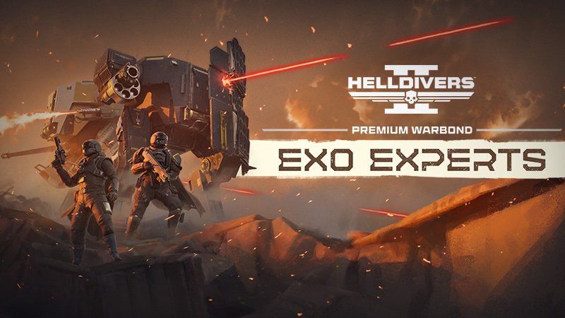 Two Helldivers in front of an exosuit firing lasers on a rocky orange world under the Exo Experts logo