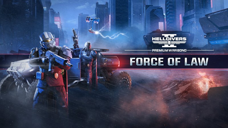 Two police-style Helldivers, one behind a riot shield, beside an armored vehicle and an arc drone in a neon city under the Force of Law logo