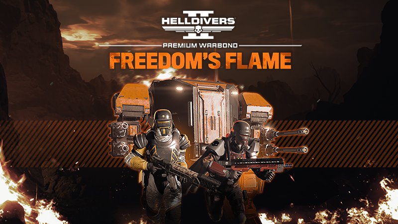 Two Helldivers in fire-resistant armor stand before an orange exosuit amid flames under the Freedom's Flame logo
