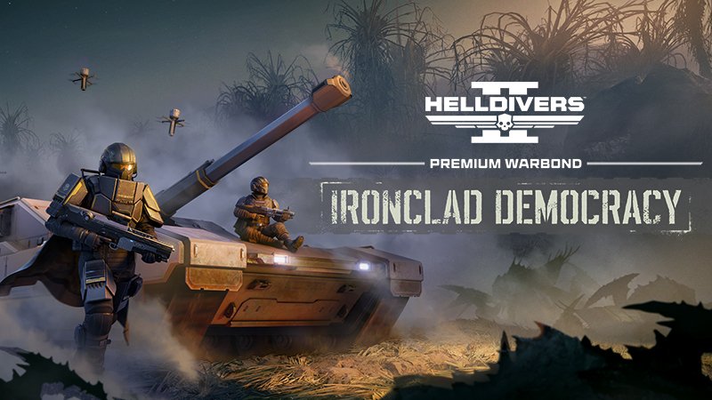 Two Helldivers with a tank in tall grass, drones overhead, under the Ironclad Democracy logo