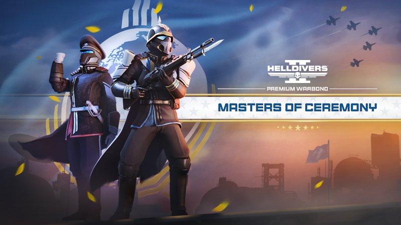 A Helldiver in a dress uniform and one holding a bayoneted rifle stand under a flyover of jets beside the Masters of Ceremony logo