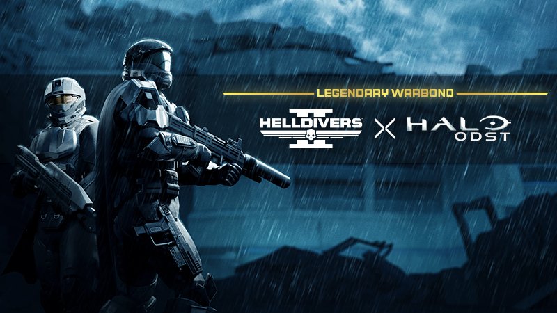 Two Helldivers in Halo ODST-style armor in the rain beside the Helldivers 2 x Halo: ODST legendary warbond logo