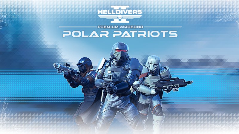Three Helldivers in white and blue winter armor against an icy backdrop under the Polar Patriots logo
