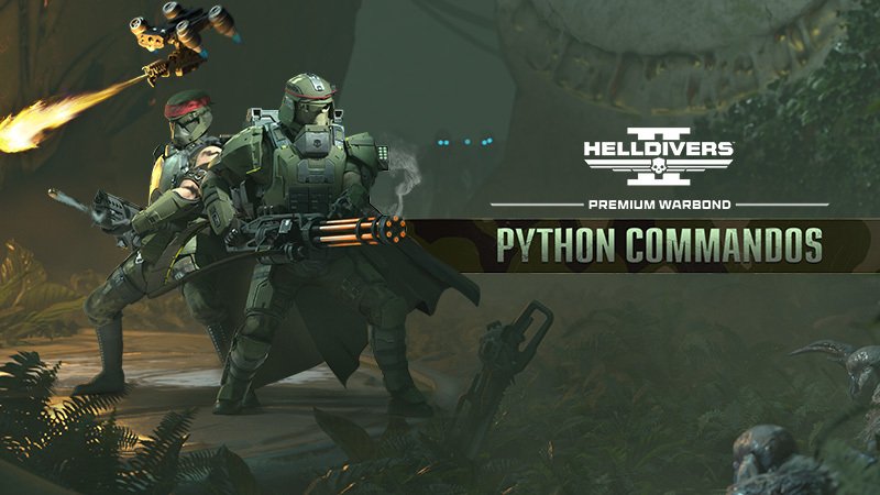 Two jungle-green Helldivers, one with a minigun, beside a flamethrower drone under the Python Commandos logo