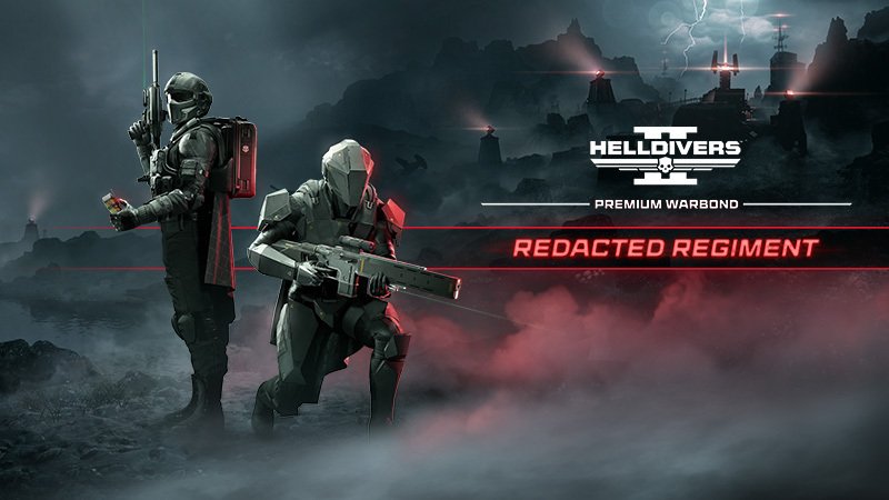 Two dark-armored Helldivers, one kneeling with a suppressed rifle, on a misty ridge under the Redacted Regiment logo
