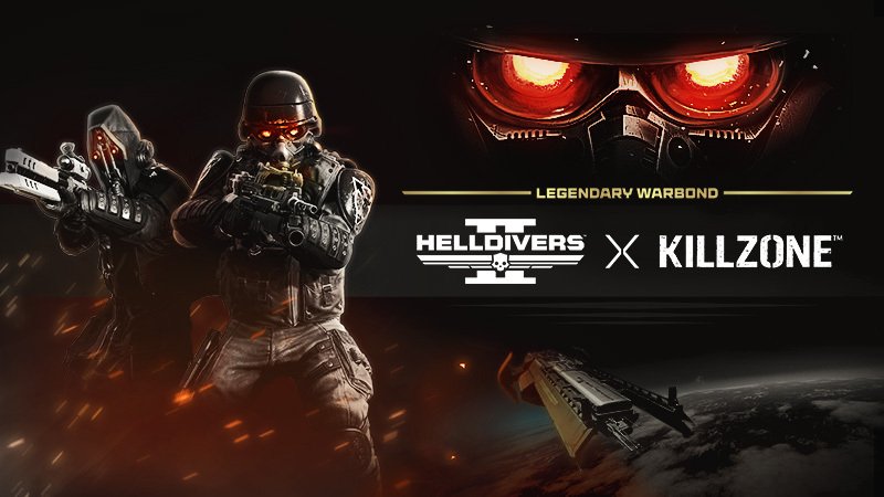Two Helldivers in Helghast-style armor with glowing red eyes beside the Helldivers 2 x Killzone legendary warbond logo