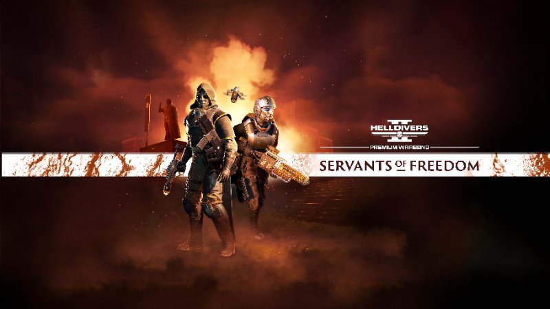 Two Helldivers, one hooded, walk away from a fiery explosion beside a statue under the Servants of Freedom logo