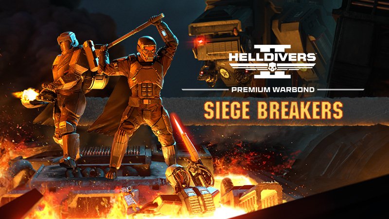 Two Helldivers, one swinging a hammer, on burning Automaton wreckage under the Siege Breakers logo