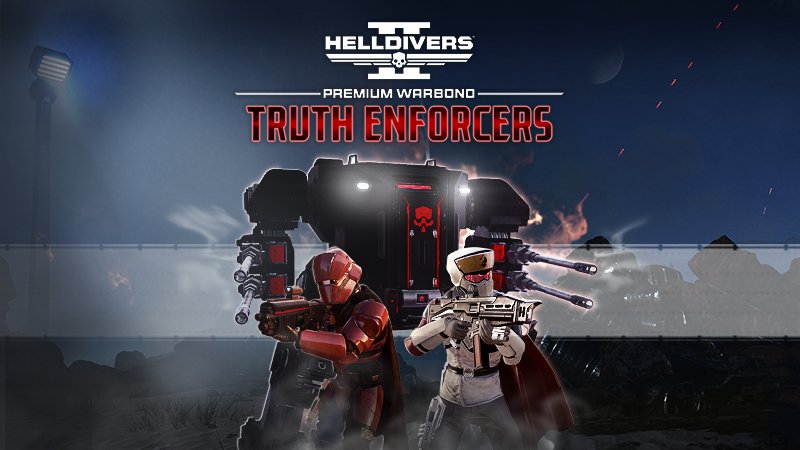 A Helldiver in red armor and one in a white officer's uniform stand before a black-and-red exosuit under the Truth Enforcers logo