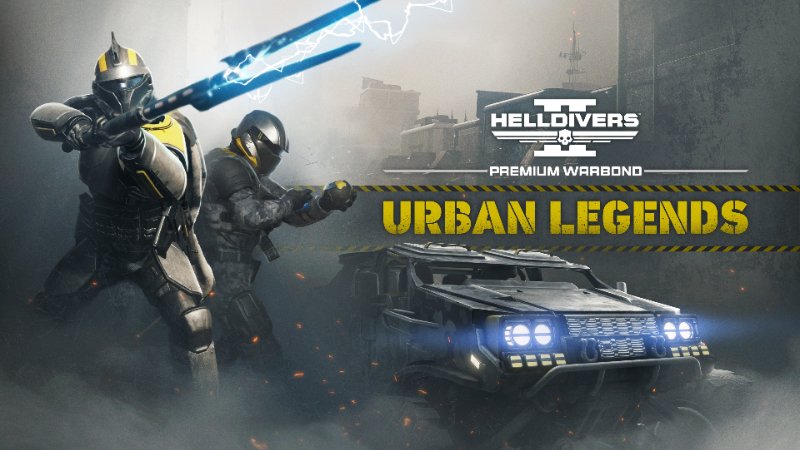 Two Helldivers, one swinging an electric stun lance, beside an armored vehicle in a smoky city under the Urban Legends logo