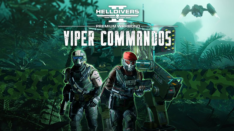 Two Helldivers in jungle gear, one in a red beret, in front of an exosuit in a jungle under the Viper Commandos logo