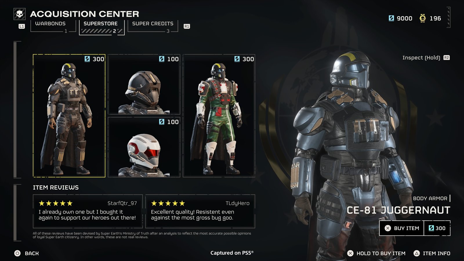 The Acquisition Center's Superstore tab: body armor and helmets priced in Super Credits, with the CE-81 Juggernaut armor selected